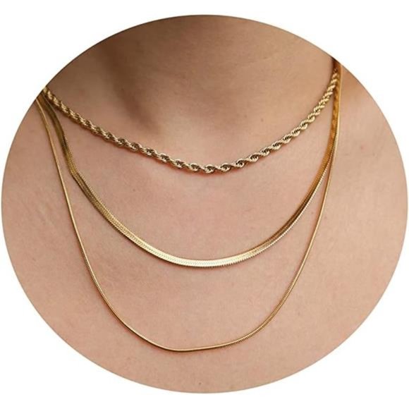 Jewelry - Tasiso 14K Gold Filled Herringbone Choker Necklace Set Double Layer